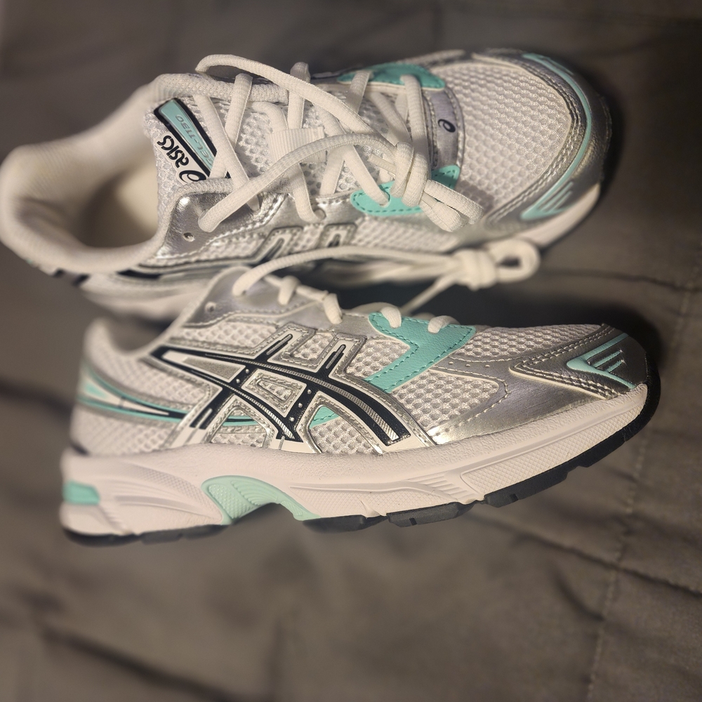 Asics White and Silver Sneakers with Teal Accents